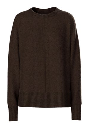 Brown knit sweater with a round neckline, drop shoulders, ribbed cuffs, and hem, featuring a soft, textured fabric and a relaxed fit.