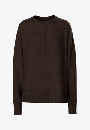 Brown knit sweater with a round neckline, drop shoulders, ribbed cuffs, and hem, featuring a soft, textured fabric and a relaxed fit.