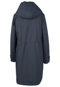 Marineblauer wasserdichter Mantel mit Kapuze, mit tailliertem Schnitt, langen Ärmeln und Knopfdetails an den Bündchen. Glatter, strukturierter Stoff.