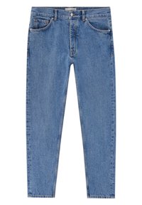 Ljusblå denimjeans, rak bendesign, fem fickor, kopparnitar och en enkel knäppning. Liten blekning och whiskeringdetaljer.
