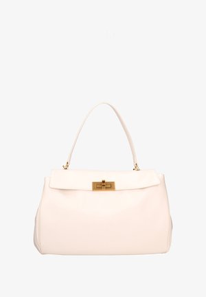 Witte leren handtas met een gestructureerde vorm, gouden hardware sluiting en een enkele handgreep. Gladde textuur en minimalistisch ontwerp.