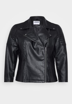 Schwarze Leder-Motorradjacke mit Kragen, diagonalem Reißverschluss und gesteppter Schulterpartie. Sie verfügt über eine glatte Textur und eine taillierte Passform.