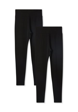 Leggings neri in due taglie presentano un tessuto liscio e elasticizzato con una vita alta. Il design è semplice, senza motivi o accessori.