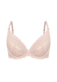 Koronkowy biustonosz w miękkim beżu o trójkątnym kształcie, z regulowanymi ramiączkami, falbaniastymi brzegami i małą dekoracyjną ozdobą na środku.