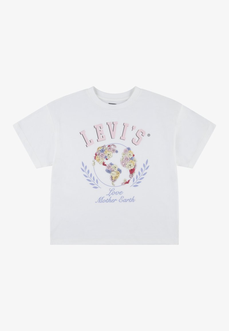 Camiseta de algodón blanca de manga corta, con un diseño de globo floral, el logo de "LEVI'S" en rosa y el texto "Ama a la Madre Tierra."