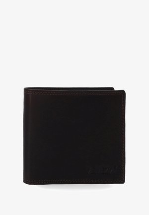 Bruine leren portemonnee met een bi-vouw ontwerp, voorzien van zichtbare stiksels en een subtiele reliëflogo op de voorkant. Gladde textuur.