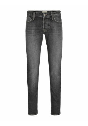 Mörkgrå denimjeans med en figurnära design, femfickorsstil och kontrasterande sömmar längs skarvarna. Rakt ben och minimal hårdvara.