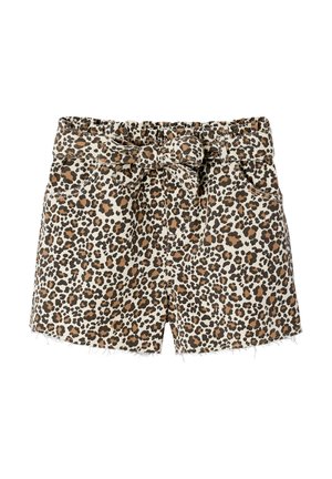 High-waist leopard print shorts with a fabric belt tied in a bow and frayed hems on a white background.