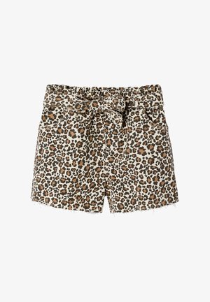 High-waist leopard print shorts with a fabric belt tied in a bow and frayed hems on a white background.