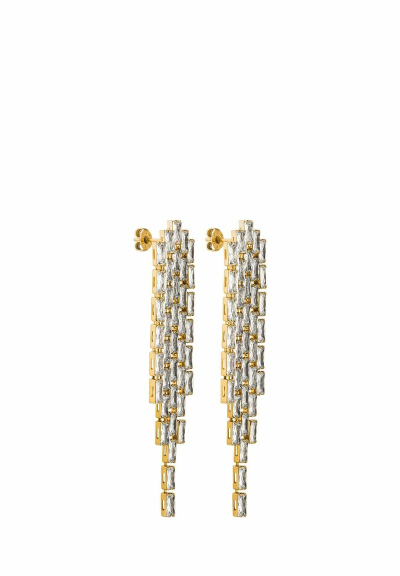 Goldfarbene Ohrringe mit einem kaskadierenden Design, die rechteckige klare Kristalle und ein strukturiertes Muster aufweisen, sicher mit einem Ohrstecker befestigt.