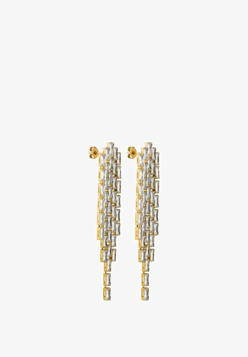 Goldfarbene Ohrringe mit einem kaskadierenden Design, die rechteckige klare Kristalle und ein strukturiertes Muster aufweisen, sicher mit einem Ohrstecker befestigt.