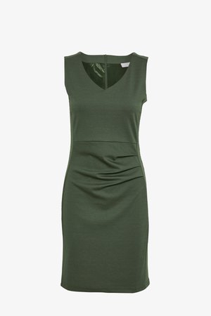 Sleeveless dress in dark green, featuring a V-neck, gathered side detail, smooth texture, and a concealed back zipper.