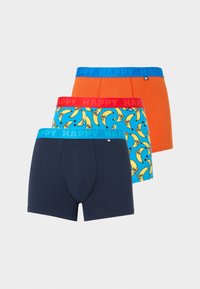 Τρία ανδρικά μπόξερ, σε ναυτικό μπλε, μπλε με κίτρινες μπανάνες και μονόχρωμο πορτοκαλί, το καθένα με ελαστικές μέσες με την επωνυμία "HAPPY".