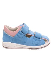 Blue children's sandal with pink lining, two adjustable Velcro straps, and a white sole, designed for comfort and support.