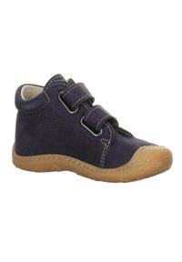 Dunkelblaue Leder-Ankle-Boots mit zwei Klettverschlüssen, kontrastierenden Stichen und einer beigen Gummisohle. Glatte Textur mit runder Zehenpartie.