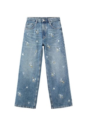 Jeans blu a gamba larga con piccoli ricami floreali bianchi e gialli sparsi sulla parte anteriore e sulle tasche, chiusura con bottone e zip in vita.