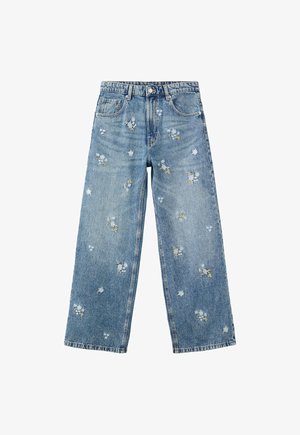 Jeans blu a gamba larga con piccoli ricami floreali bianchi e gialli sparsi sulla parte anteriore e sulle tasche, chiusura con bottone e zip in vita.