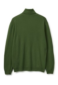 Dunkelgrüner Pullover mit hohem Kragen, gerippten Bündchen und Saum. Der Stoff wirkt weich mit einer glatten Textur und ohne sichtbare Muster.