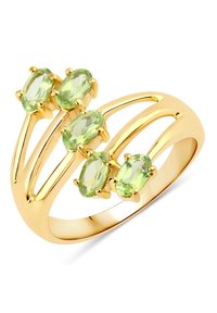 Bague en or dotée de cinq pierres précieuses vertes ovales serties dans des bandes élégantes et entrelacées qui rehaussent son design contemporain.