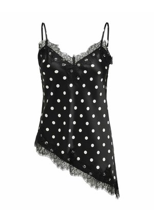 Camisola de satén negro con lunares blancos, dobladillo asimétrico con encaje, escote de encaje y finos tirantes ajustables.