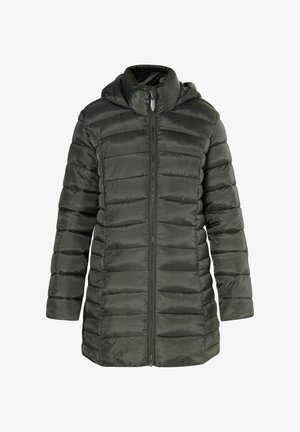 Puffjakke i mørkegrøn, med lynlås foran, hætte og quiltet design. Lavet af glat, let materiale med vandret syninger.