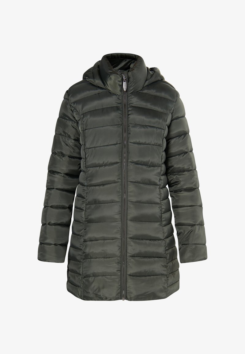 Chaqueta acolchada en verde oscuro, con cierre de cremallera, capucha y diseño acolchado. Fabricada con un material suave y ligero con costuras horizontales.