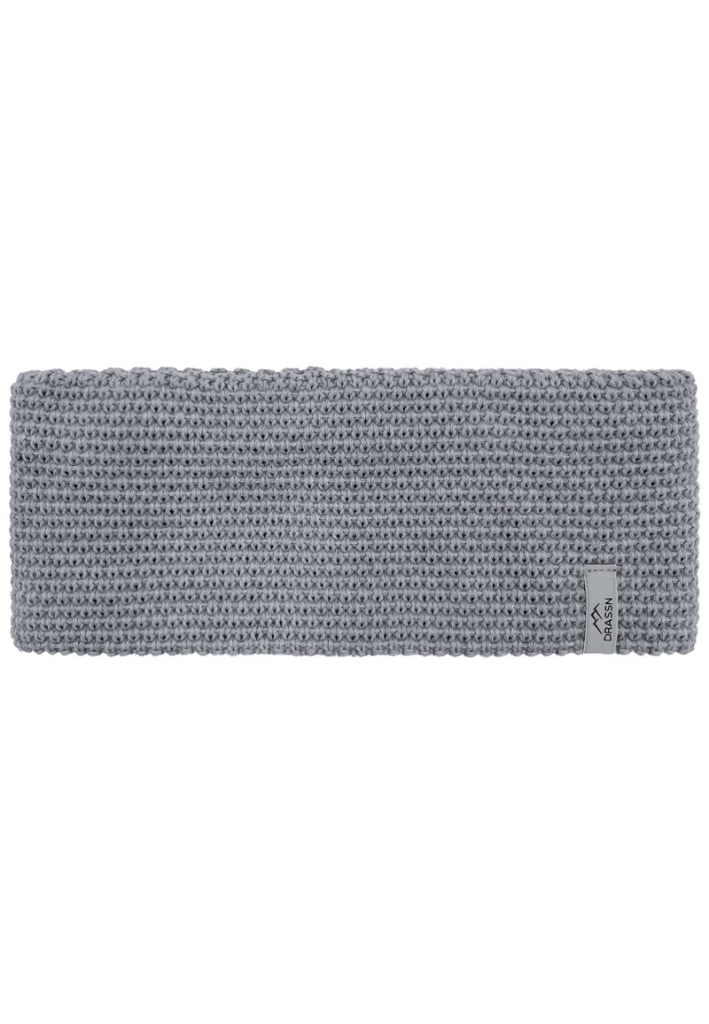 Gray knitted headband with a textured pattern and a small branded tag on one side. Soft material, rectangular shape, even width.