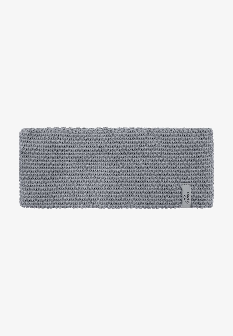 Gray knitted headband with a textured pattern and a small branded tag on one side. Soft material, rectangular shape, even width.