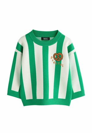 Pull rayé verticalement vert et blanc avec un bretzel brodé et le mot « Pretzel » sur la poitrine, col rond.