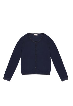 Cardigan blu navy realizzato in morbido tessuto a maglia, con scollo rotondo, maniche lunghe, chiusura frontale con bottoni e dettagli a contrasto.