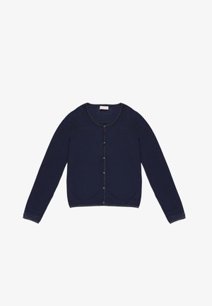 Navy cardigan made from soft knit fabric, featuring a round neckline, long sleeves, button front closure, and contrasting trim details.