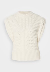 Pull sans manches blanc en tricot avec motifs torsadés, ourlet côtelé et encolure ronde, présenté sur un fond uni.