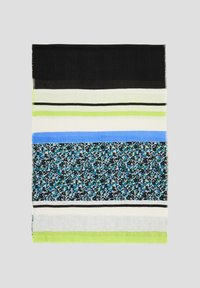 Foulard rectangulaire à motifs présentant des rayures verticales en noir, vert, bleu et blanc. Motif floral dans la moitié inférieure. Texture de textile douce.