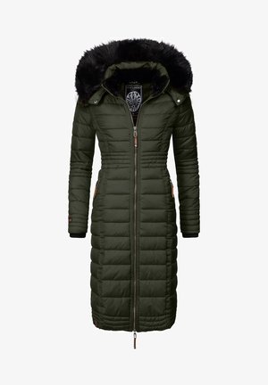 Langer, olivgrüner Puffer-Mantel mit durchgehendem Reißverschluss, Kunstfellkapuze und gerippten Bündchen. Verfügt über Seitentaschen und eine taillierte Silhouette.