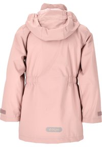 Vaaleanpunainen vedenpitävä takki hupulla, jossa on elastinen vyötärö, tarrakiinnityksellä varustetut rannekkeet ja logo alaselässä. Sileä pinta.