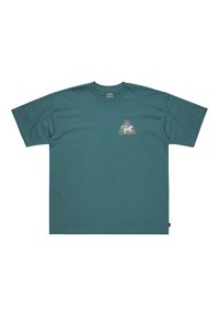 Teal cotton t-shirt with short sleeves and loose fit. Features a triangular graphic with colorful design and brand name on the chest.