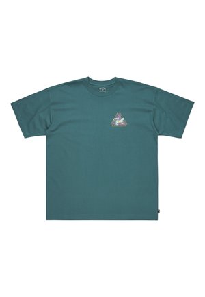 Türkises Baumwoll-T-Shirt mit kurzen Ärmeln und lockerer Passform. Verfügt über ein dreieckiges grafisches Design mit buntem Motiv und Markenname auf der Brust.