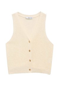 Krémová pletená bezrukávová vesta na knoflíky s véčkovým výstřihem a čtyřmi dřevěnými knoflíky vpředu.