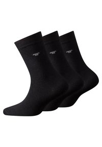 Schwarze Baumwollsocken im Dreierpack. Mit glatter Textur und verstärktem Zehenbereich, versehen mit einem kleinen grauen Logo auf der Oberseite.