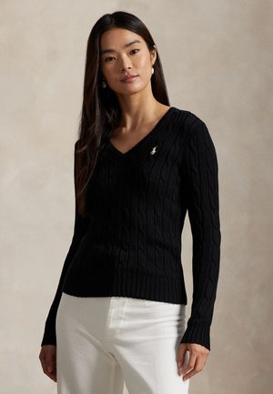 Polo Ralph Lauren CABLE-KNIT COTTON V-NECK SWEATER - Πουλόβερ - black/white