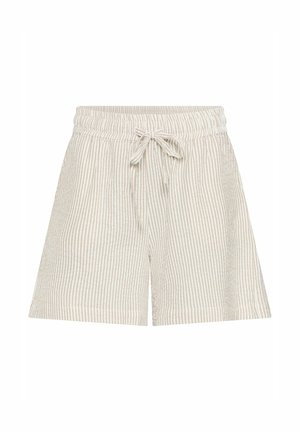 Shorts rayés beige et blanc avec une taille élastique, un détail de cordon de serrage et des jambes larges ; texture douce et design décontracté.