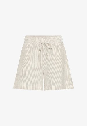 Shorts rayés beige et blanc avec une taille élastique, un détail de cordon de serrage et des jambes larges ; texture douce et design décontracté.