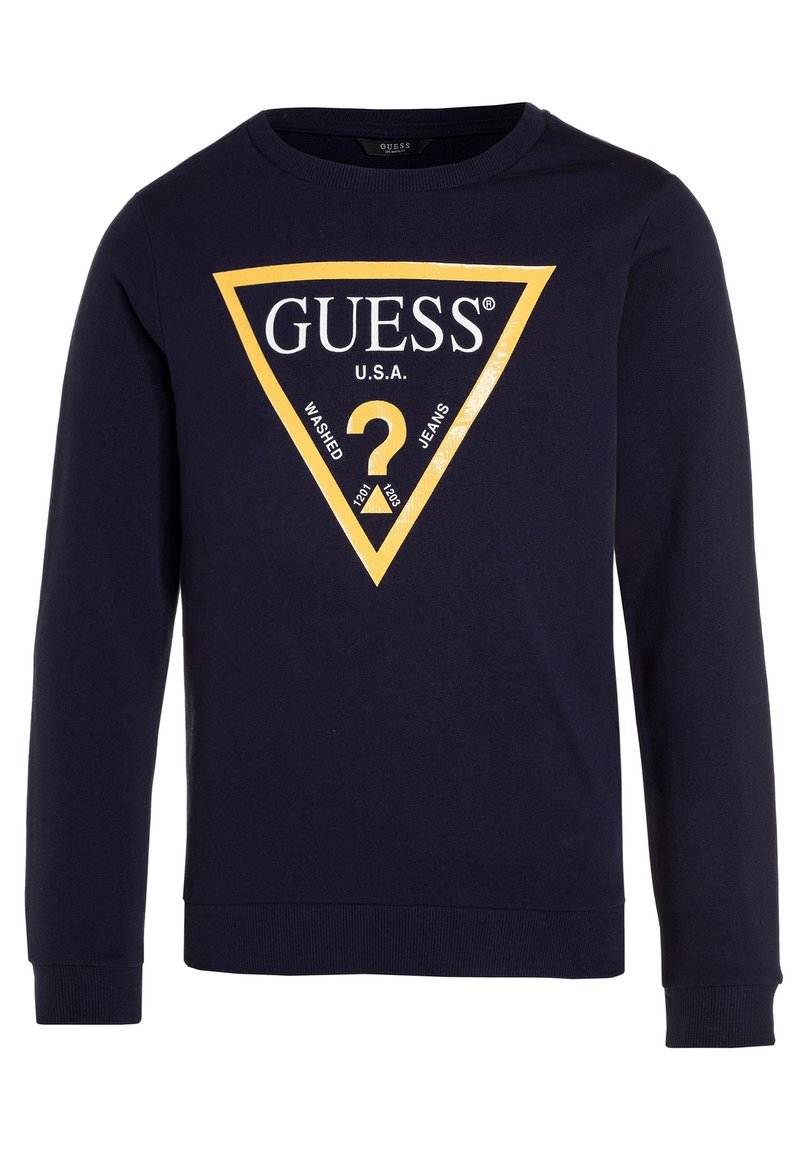 Felpa blu navy con maniche lunghe e polsini a coste, caratterizzata da un logo a triangolo giallo con "GUESS U.S.A." e un punto interrogativo al centro.
