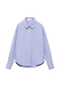 Svetlo modra srajca s kratkimi rokavi in vertikalnimi roza in belimi črtami, klasičen ovratnik, dolgi rokavi in zaobljen rob. Iz bombaža.