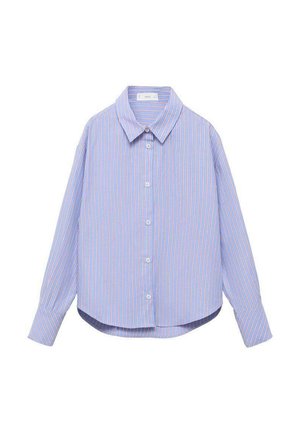 Chemise boutonnée bleu clair avec des rayures verticales roses et blanches, col classique, manches longues et ourlet arrondi. En coton.