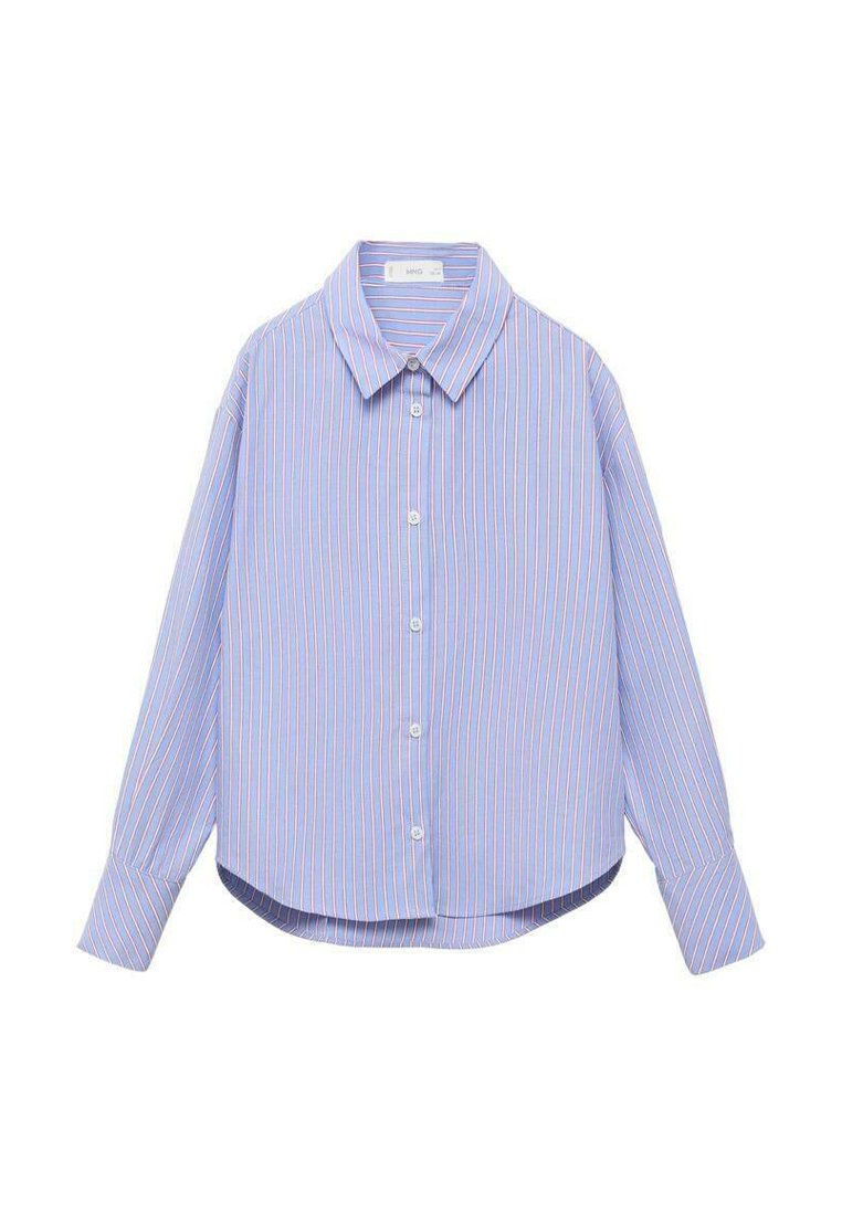 Svetlo modra srajca s kratkimi rokavi in vertikalnimi roza in belimi črtami, klasičen ovratnik, dolgi rokavi in zaobljen rob. Iz bombaža.