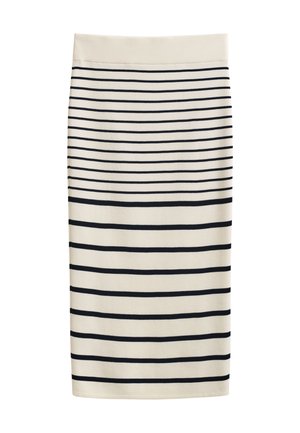 Biała spódnica ołówkowa do kolan z poziomymi czarnymi paskami i szerokim prążkowanym pasem w talii.