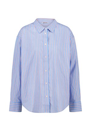 Blauw-wit gestreept overhemd met rode accenten, voorzien van een klassieke kraag, lange mouwen, knoopsluiting aan de voorkant en een losse pasvorm.