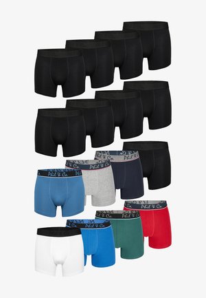 Boxer shorts i forskellige farver, herunder sort, blå, grå, grøn, rød og hvid. Har elastiske taljer med branding og en tætsiddende design.