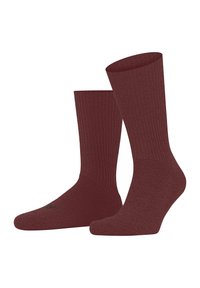 Une paire de chaussettes crew de couleur bordeaux, à côtes, avec des pointes et des talons renforcés, sur fond blanc.